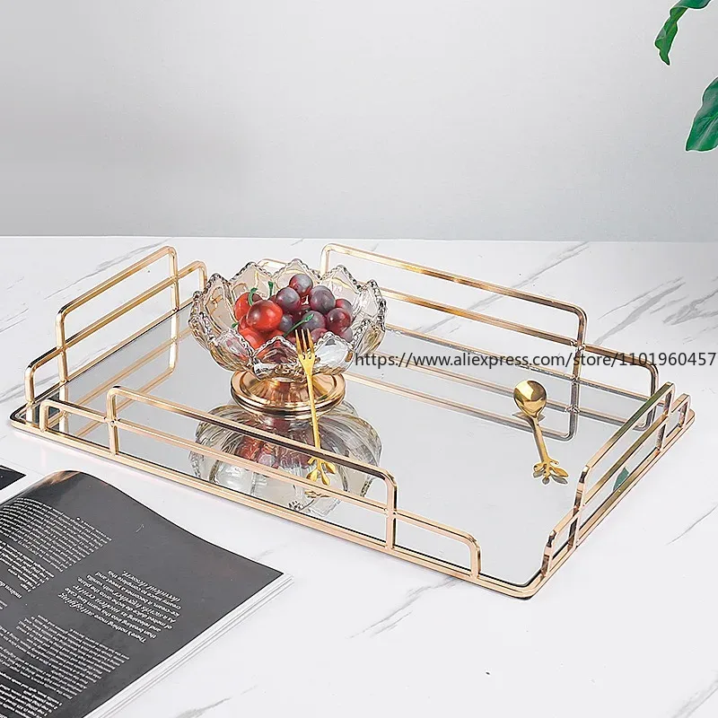 Food Storage Set Glass - Altın inme cam ayna servis tepsisi